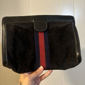 DAMAGED Auth GUCCI Sherry Line Clutch Bag Purse Suede Leather Navy Blue READ